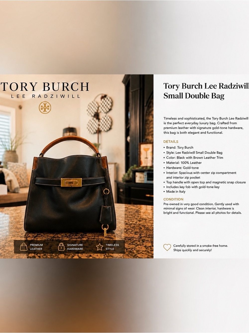 Tory Burch Black Leather Lee Radziwill Double Bag